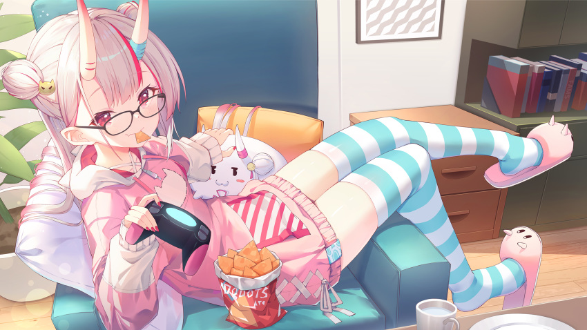 1girl animal_print bangs beige_hoodie black-framed_eyewear blush book breasts cat_hair_ornament cat_print chair closed_mouth coffee_cup collarbone commentary_request controller cup disposable_cup double_bun fang fingernails food food_in_mouth full_body glasses hair_ornament highres hitokuchii holding hololive hood hood_down hoodie horns indoors long_hair long_sleeves looking_at_viewer lying mouth_hold multicolored_hair multicolored_hoodie nachos nail_polish nakiri_ayame oni oni_horns open_mouth pillow pink_hoodie plant potted_plant red_eyes red_nails redhead silver_hair sitting skin-covered_horns skin_fang sleeves_past_wrists smile solo streaked_hair striped striped_legwear table thigh-highs virtual_youtuber wooden_floor