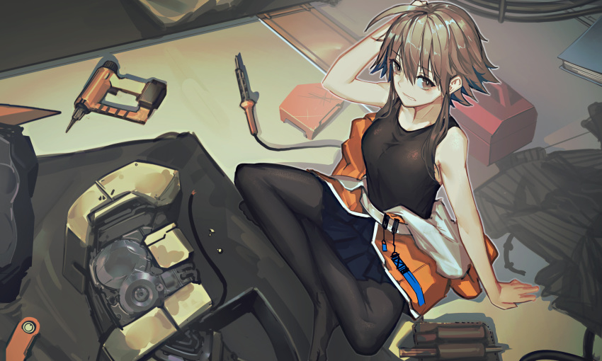 1girl arknights arm_support arm_up bangs bare_arms bare_shoulders black_legwear black_shirt black_tank_top blue_skirt breasts brown_eyes brown_hair collarbone eyebrows_visible_through_hair fixro2n from_above hair_between_eyes hand_behind_head highres indian_style indoors jacket long_hair looking_at_viewer looking_up mayer_(arknights) medium_breasts no_shoes orange_jacket pantyhose parted_lips pleated_skirt shirt shirt_removed sitting skirt soles solo tank_top