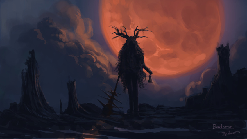 antlers bell blood bloodborne bloody_weapon brador clouds cloudy_sky commentary copyright_name facing_viewer full_moon fur-trimmed_hood fur_trim holding holding_bell holding_weapon hood mace moon night outdoors pants scenery silhouette sky solo standing tree_stump tripdancer weapon wings