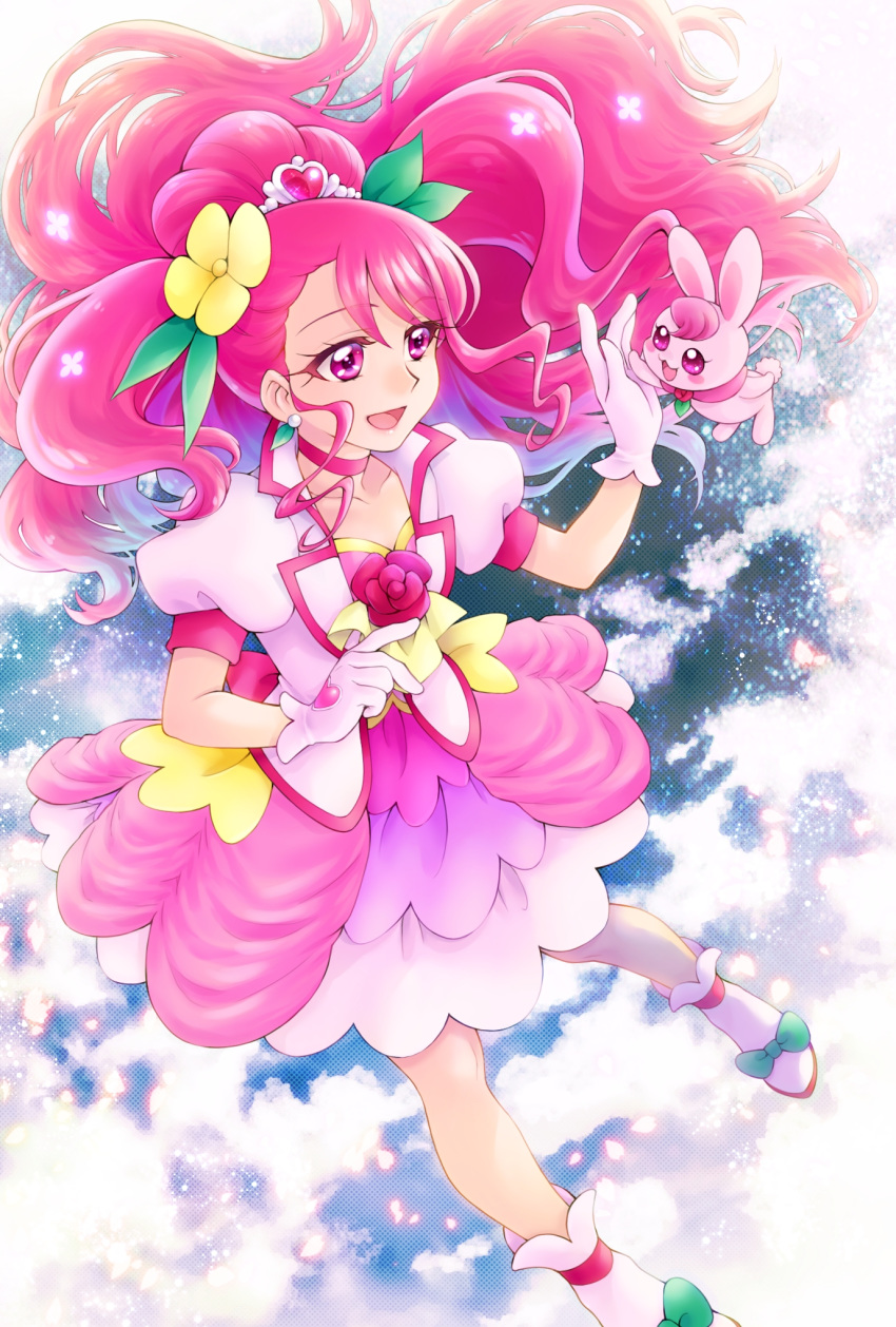 1girl :d aizen_(syoshiyuki) bangs choker collarbone cure_grace earrings eyebrows_visible_through_hair feet_out_of_frame floating_hair flower gloves hair_between_eyes hair_flower hair_ornament healin'_good_precure highres jacket jewelry layered_skirt long_hair looking_at_viewer miniskirt multicolored multicolored_clothes multicolored_skirt open_clothes open_jacket open_mouth pink_hair pink_skirt ponytail precure rabirin_(precure) red_choker red_eyes short_sleeves skirt smile very_long_hair white_gloves white_jacket white_skirt yellow_flower