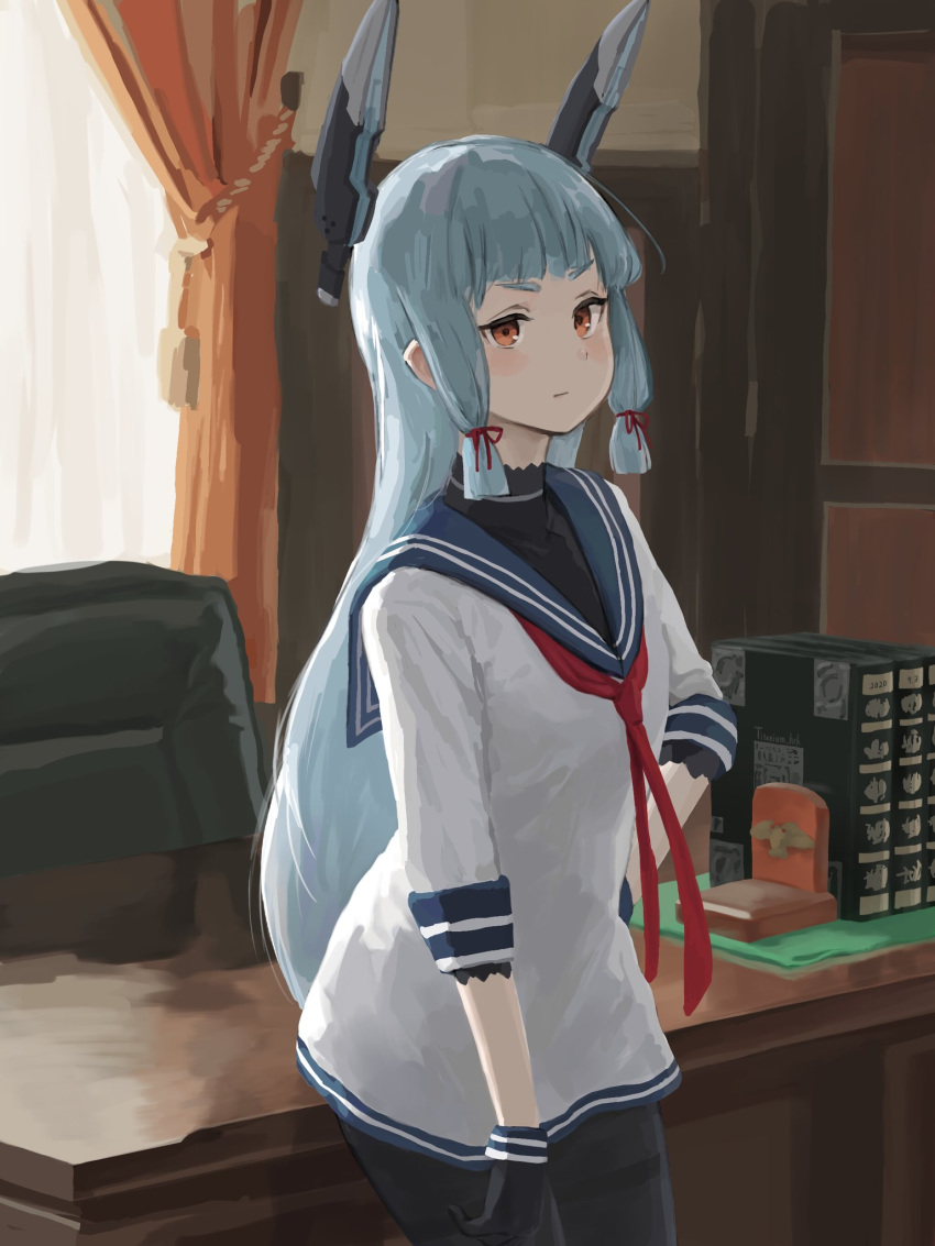 1girl bangs black_gloves black_legwear blush book chair closed_mouth curtains desk dress gloves grey_hair hair_ribbon hand_on_hip headgear highres indoors kantai_collection long_hair murakumo_(kantai_collection) office_chair orange_eyes pantyhose red_neckwear ribbon sailor_collar sailor_dress solo titanium_hrk tress_ribbon