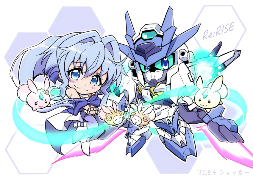 1girl blue_eyes blue_hair chibi copyright_name creature dated dual_wielding gn_drive gundam gundam_00_sky_moebius gundam_build_divers gundam_build_divers_re:rise holding holding_sword holding_weapon looking_at_viewer mecha mol_(gundam_build_divers) sara_(gundam_build_divers) shokkaa_(shmz61312) sword v-fin weapon