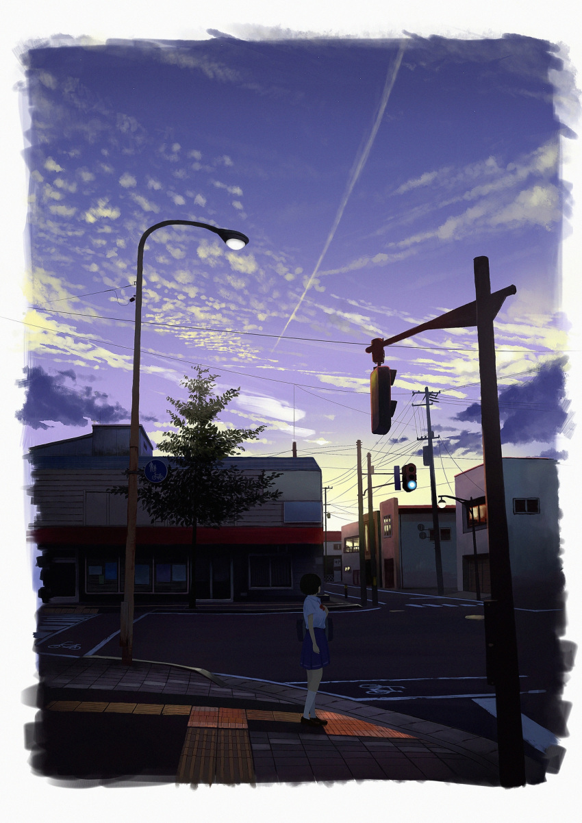 1girl bag black_hair blue_skirt building clouds condensation_trail crosswalk gensuke_(ryun) highres lamppost looking_to_the_side original road scenery shirt short_hair shoulder_bag skirt solo standing street telephone_pole traffic_light tree white_shirt wide_shot