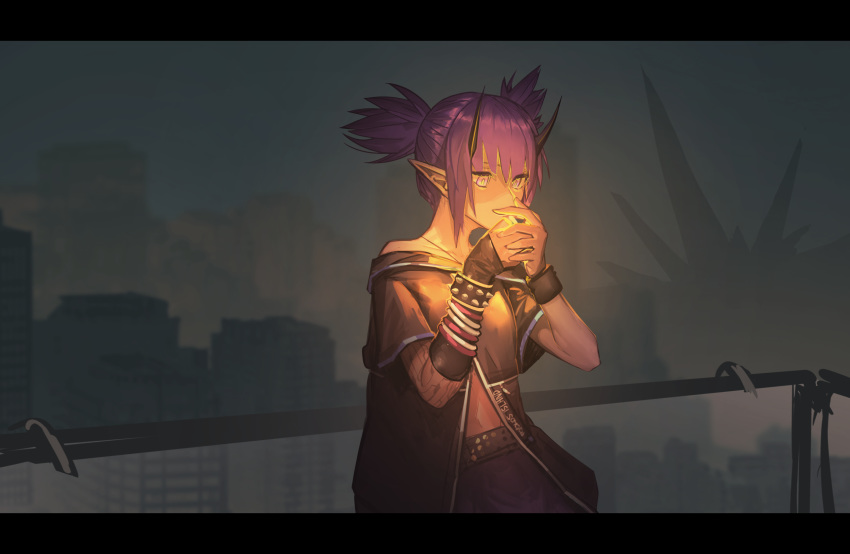1girl arknights black_shirt building city commentary_request fixro2n hands_up highres horns lava_(arknights) letterboxed navel outdoors own_hands_together pointy_ears purple_hair purple_skirt shirt short_hair short_sleeves sidelocks skirt solo twintails