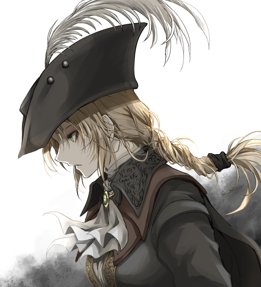1girl absurdres bangs blonde_hair bloodborne breasts brown_headwear collared_cloak commentary_request cravat expressionless from_side green_eyes grey_background hair_ornament hat hat_feather highres lady_maria_of_the_astral_clocktower long_hair long_sleeves medium_breasts ponytail shimoda_masaya solo tricorne two-tone_background upper_body white_background