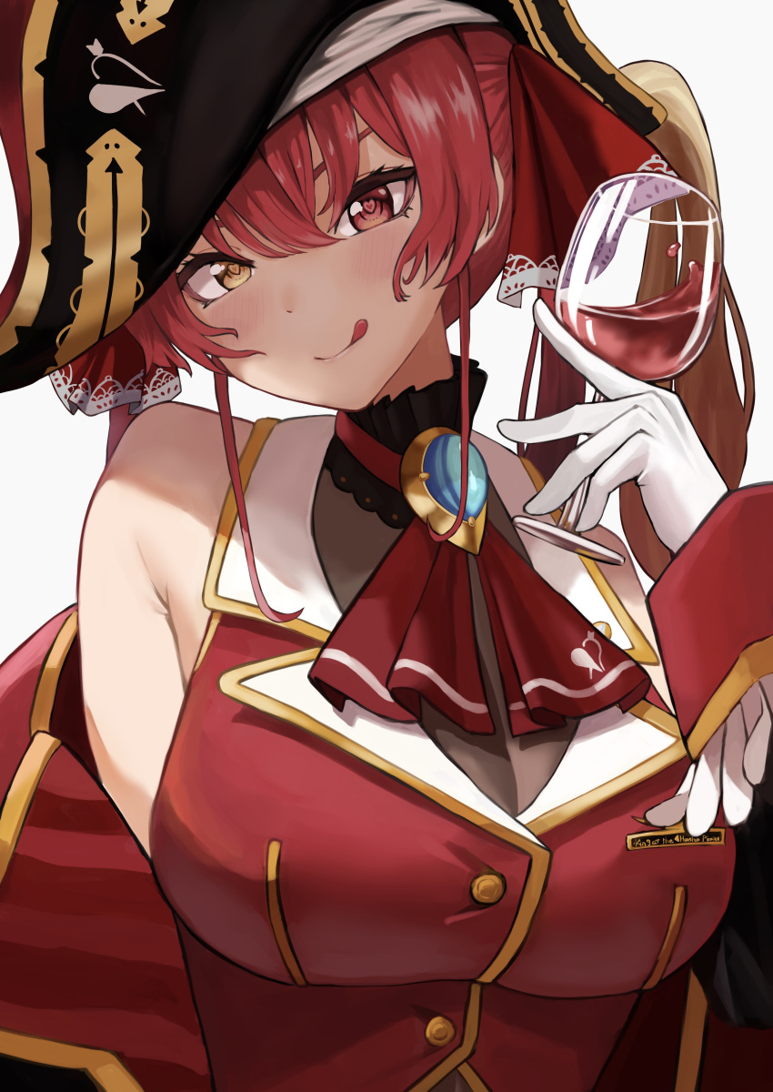 1girl :q absurdres alcohol black_headwear blush breasts cup drinking_glass glass gloves hair_between_eyes hat heterochromia highres holding holding_cup hololive houshou_marine large_breasts long_hair looking_at_viewer pirate_hat red_eyes redhead shiro_osushi simple_background solo tongue tongue_out twintails upper_body virtual_youtuber white_background white_gloves wine wine_glass yellow_eyes