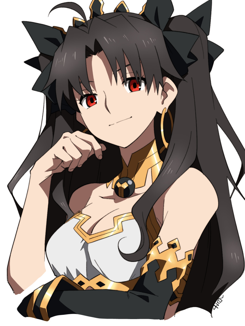 1girl bangs black_hair bow breasts cropped_torso earrings fate/grand_order fate_(series) hair_bow hair_ribbon highres hoop_earrings ishtar_(fate)_(all) ishtar_(fate/grand_order) jewelry kirupi long_hair looking_at_viewer parted_bangs red_eyes ribbon smile solo tiara two_side_up very_long_hair white_background