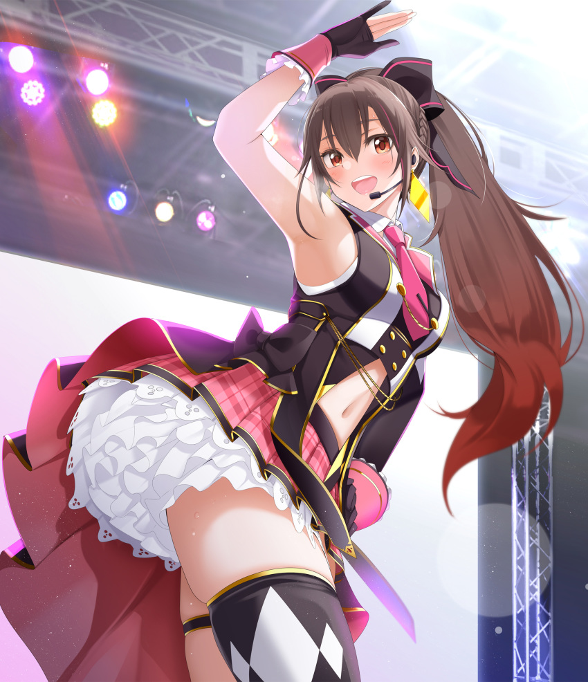 .live 1girl alternate_costume alternate_hairstyle arm_up armpits black_gloves bow braid brown_hair commentary_request concert earrings fed_(giba) frilled_gloves frilled_skirt frills gloves hair_bow hair_ribbon headset highres idol jewelry layered_skirt looking_at_viewer microphone miniskirt navel necktie open_mouth orange_eyes partly_fingerless_gloves pink_neckwear plaid plaid_skirt pleated_skirt ponytail ribbon single_thighhigh skindentation skirt sleeveless solo stage_lights sweat thigh-highs thigh_strap under_skirt virtual_youtuber waist_cape yaezawa_natori