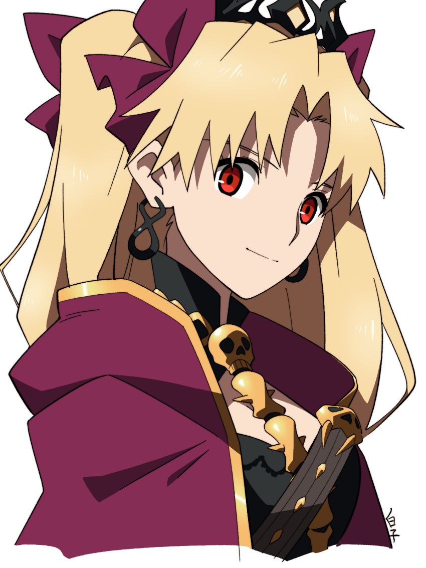 1girl bangs blonde_hair bow breasts cape cropped_torso earrings ereshkigal_(fate/grand_order) fate/grand_order fate_(series) hair_bow hair_ribbon highres jewelry kirupi long_hair looking_at_viewer parted_bangs red_eyes ribbon smile solo tiara two_side_up very_long_hair white_background