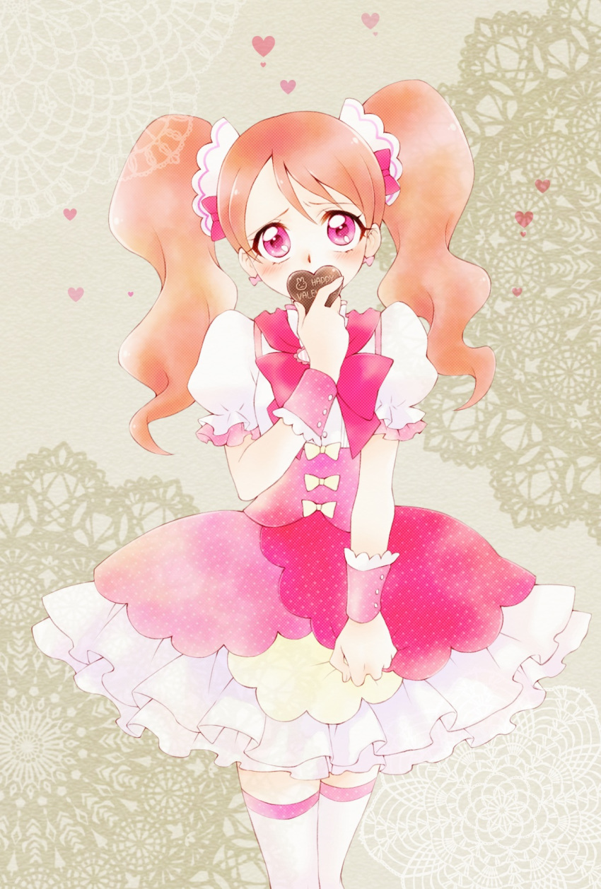 1girl aizen_(syoshiyuki) arm_up blush bow bow_earrings bowtie candy chocolate chocolate_heart commentary_request covering_mouth cowboy_shot dress earrings embarrassed food hair_bow hair_ornament happy_valentine heart highres holding holding_chocolate holding_clothes holding_food holding_skirt jewelry kirakira_precure_a_la_mode long_hair orange_hair pink_eyes precure puffy_short_sleeves puffy_sleeves raised_eyebrows short_sleeves skirt solo thigh-highs twintails usami_ichika valentine wrist_cuffs