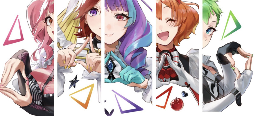 5girls blue_eyes closed_eyes drill_hair freyja_wion green_hair hand_gesture highres kaname_buccaneer long_hair looking_at_viewer macross macross_delta makina_nakajima medium_hair mikumo_guynemer multiple_girls open_mouth orange_hair pink_eyes pink_hair pote-mm purple_hair red_eyes redhead reina_prowler short_hair violet_eyes walkure_(macross_delta)