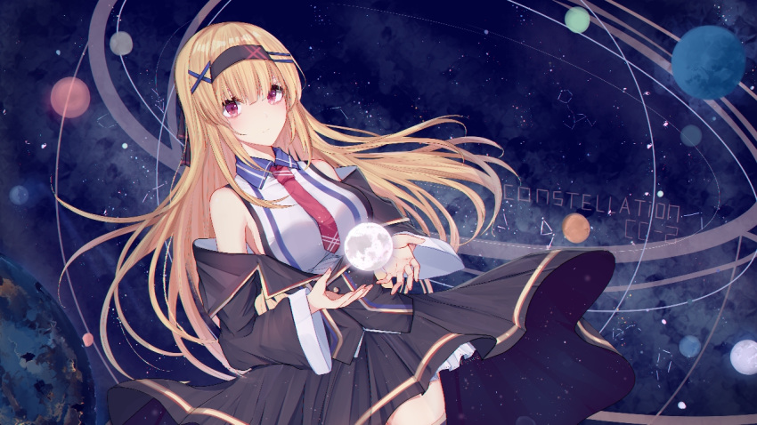 1girl 3874384829 black_jacket black_skirt blonde_hair breasts character_name closed_mouth constellation_(warship_girls_r) english_text eyebrows_visible_through_hair hair_ribbon hairband jacket long_hair looking_at_viewer moon necktie open_eyes red_neckwear ribbon shirt skirt solo space violet_eyes warship_girls_r white_shirt