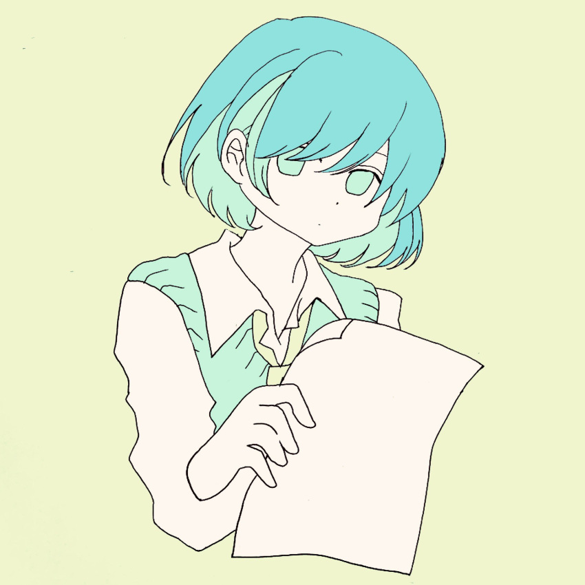 1girl aqua_hair awayawa_pic bangs blue_hair commentary_request dot_mouth dot_nose green_background hands highres holding holding_paper long_sleeves looking_at_viewer multicolored_hair muted_color original paper simple_background solo swept_bangs two-tone_hair upper_body wing_collar