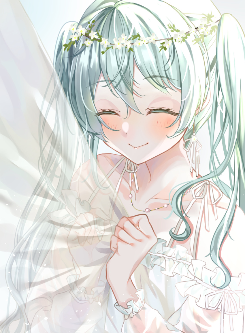 1girl :&gt; ^_^ absurdres bangs bare_shoulders blush closed_eyes closed_mouth colored_eyelashes curtain_grab curtains dress earrings facing_viewer flower_wreath frilled_sleeves frills green_hair hair_between_eyes hair_ornament hair_over_shoulder happy hatsune_miku head_wreath highres jewelry long_hair long_sleeves looking_at_viewer necklace off-shoulder_dress off_shoulder parted_lips smile solo twintails upper_body user_cjpg7353 vocaloid