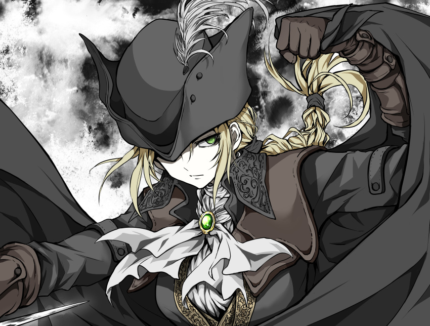 1girl absurdres ascot black_cape black_headwear blonde_hair bloodborne breasts brown_coat cape coat commentary_request expressionless face gloves green_eyes grey_background hair_ornament hat hat_feather highres holding holding_cape lady_maria_of_the_astral_clocktower long_hair looking_at_viewer medium_breasts one_eye_covered ponytail shaded_face shimoda_masaya solo sword the_old_hunters tricorne upper_body weapon