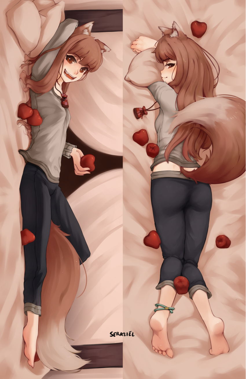 1girl :d animal_ear_fluff animal_ears apple artist_name ass barefoot bed_sheet breasts brown_hair dakimakura english_commentary eyebrows_visible_through_hair food from_behind from_side fruit half-closed_eyes highres holding holding_food holding_fruit holo long_hair long_sleeves looking_at_viewer lying multiple_views on_back on_stomach open_mouth pants pillow red_eyes seraziel shirt small_breasts smile spice_and_wolf tail toes wolf_ears wolf_girl wolf_tail