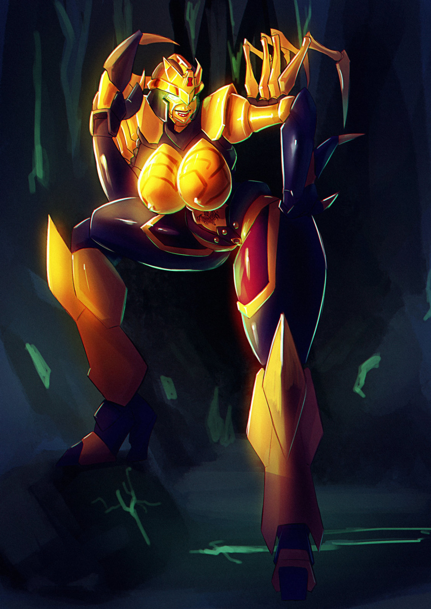 1girl absurdres beast_wars blackarachnia breasts commission cosmikaizer english_commentary glowing glowing_eyes green_eyes hand_on_hip highres large_breasts looking_at_viewer no_humans open_hand predacon solo transformers