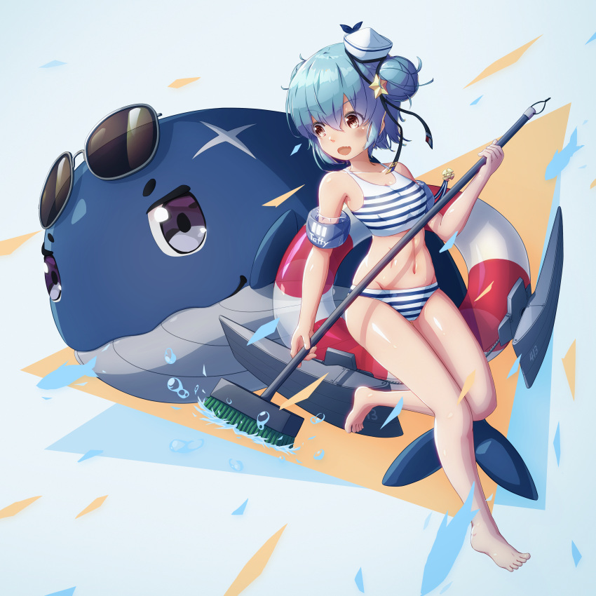 1girl absurdres arthur_ko bikini blue_hair dixie_cup_hat double_bun flat_chest full_body hat highres holding holding_mop huge_filesize kantai_collection lifebuoy little_blue_whale_(kantai_collection) military_hat mop navel official_alternate_costume samuel_b._roberts_(kantai_collection) short_hair solo striped striped_bikini swimsuit whale white_bikini white_headwear yellow_eyes