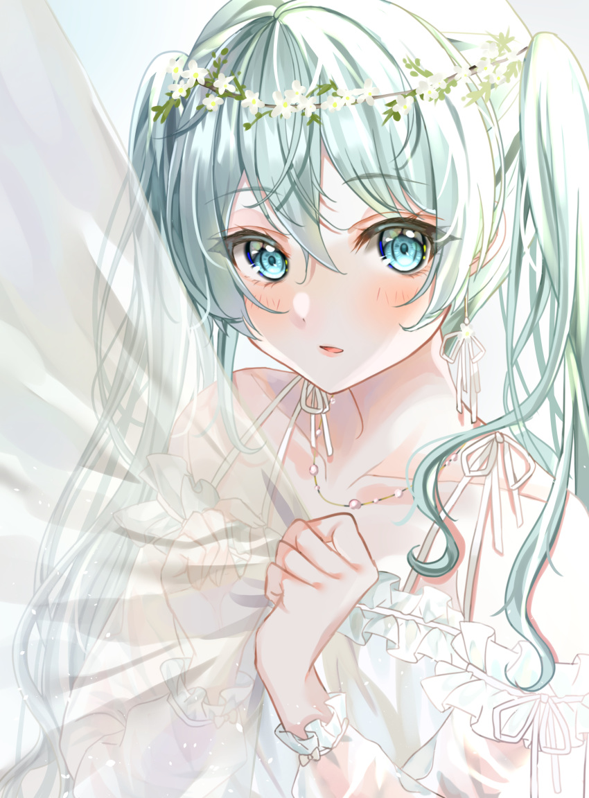 1girl absurdres aqua_eyes bangs bare_shoulders blush curtain_grab curtains dress earrings flower_wreath frilled_sleeves frills green_hair hair_between_eyes hair_ornament hair_over_shoulder hatsune_miku head_wreath highres jewelry long_hair long_sleeves looking_at_viewer necklace off-shoulder_dress off_shoulder parted_lips smile solo twintails upper_body user_cjpg7353 vocaloid