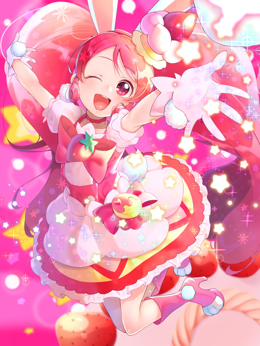 1girl :d ;d absurdres animal_ears boots bow bowtie bunny_tail cake_hair_ornament choker commentary cure_whip dress earrings extra_ears eyebrows_visible_through_hair food food_themed_hair_ornament foreshortening fruit gloves hair_ornament high_heel_boots high_heels highres jewelry jumping kirakira_precure_a_la_mode long_hair magical_girl midair one_eye_closed open_mouth outstretched_arms pink_background pink_eyes pink_hair pom_pom_(clothes) pom_pom_earrings pouch precure rabbit_ears round_teeth sidelocks smile solo sparkle spread_arms star_(symbol) strawberry strawberry_shortcake tail teeth twintails upper_teeth usami_ichika very_long_hair whip whipped_cream yupiteru