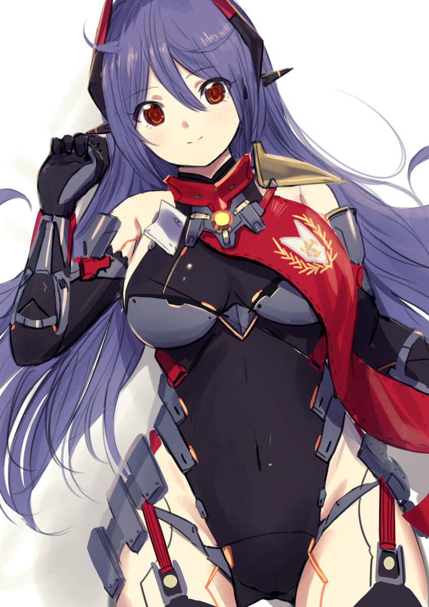 1girl absurdres android bare_shoulders black_gloves breasts covered_navel cowboy_shot elbow_gloves gloves highleg highleg_leotard highres leotard long_hair looking_at_viewer misaki_nonaka orange_eyes poppi_qtpi_(xenoblade) purple_hair smile solo xenoblade_chronicles_(series) xenoblade_chronicles_2
