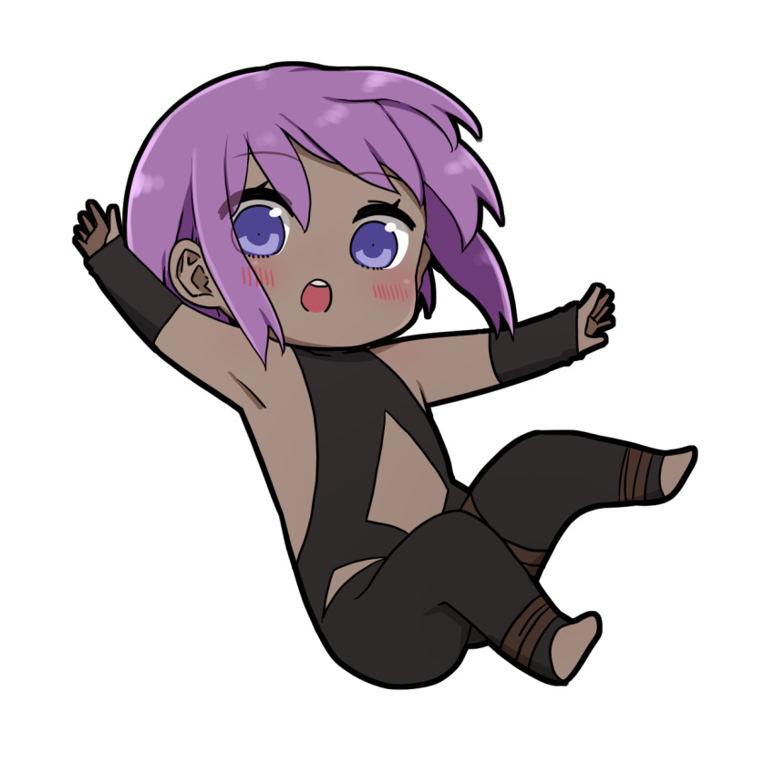 1girl :o armpits bangs bare_shoulders black_bodysuit blush bodysuit chibi dark_skin eyebrows_visible_through_hair fate/prototype fate/prototype:_fragments_of_blue_and_silver fate_(series) full_body hair_between_eyes hassan_of_serenity_(fate) highres i.u.y looking_at_viewer no_shoes open_mouth purple_hair simple_background solo stirrup_legwear toeless_legwear upper_teeth violet_eyes white_background