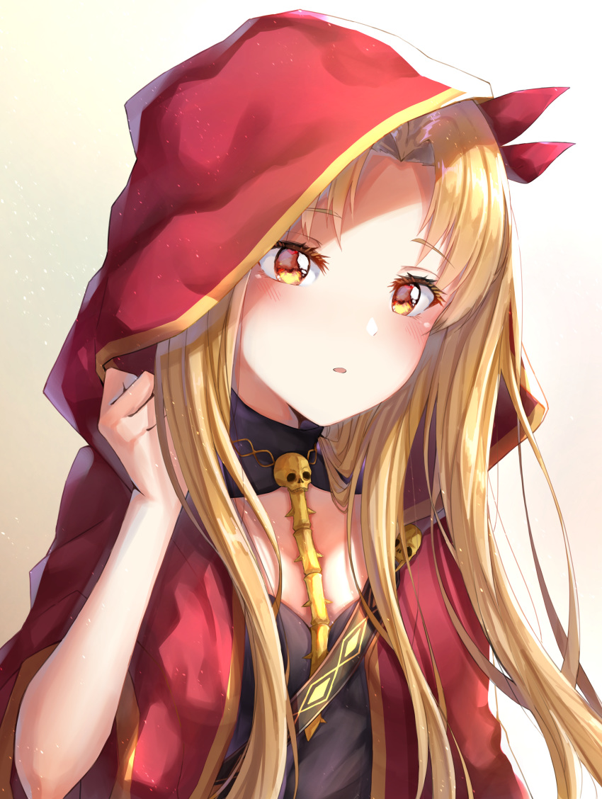 1girl absurdres bangs beige_background blonde_hair blush breasts commentary_request earrings ereshkigal_(fate/grand_order) face fate/grand_order fate_(series) gradient gradient_background hair_ribbon hand_up highres hood hood_up huge_filesize ijac_ray jewelry long_hair looking_at_viewer medium_breasts parted_bangs parted_lips red_eyes red_ribbon ribbon solo spine two_side_up upper_body white_background
