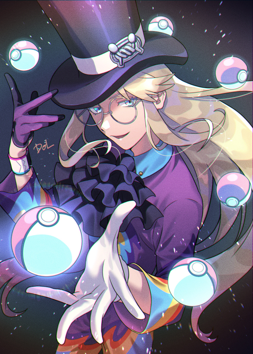 1boy artist_name avery_(pokemon) black_headwear blonde_hair blue_eyes collared_shirt commentary_request dolustoy dynamax_band eyelashes floating_hair glasses gloves grey-framed_eyewear hands_up hat hat_ribbon highres long_hair looking_at_viewer male_focus multicolored_shirt parted_lips poke_ball poke_ball_(basic) pokemon pokemon_(game) pokemon_swsh ribbon round_eyewear shirt sidelocks single_glove solo telekinesis top_hat