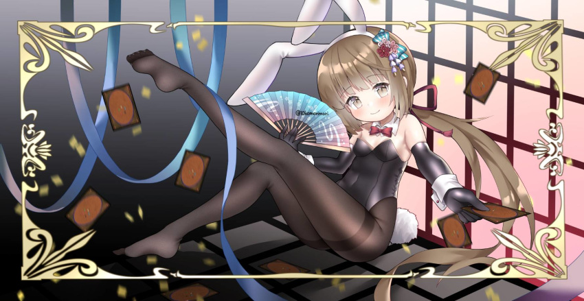 1girl animal_ears black_gloves black_legwear black_leotard bow bowtie brown_eyes brown_hair bunny_girl bunny_tail bunnysuit card commission detached_collar fan fingerless_gloves flower folding_fan gloves hair_flower hair_ornament highres idolmaster idolmaster_cinderella_girls juugou_taki leotard long_hair looking_at_viewer low_twintails magic:_the_gathering pantyhose rabbit_ears red_neckwear sitting smile solo strapless strapless_leotard tail thighband_pantyhose twintails very_long_hair wrist_cuffs yorita_yoshino