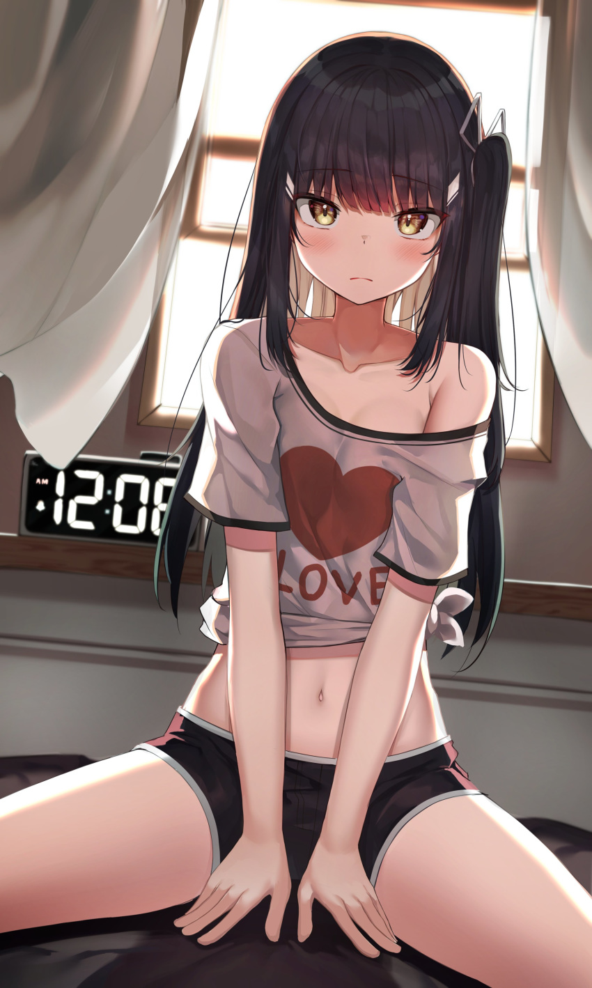 1girl absurdres apple_ringo armpit_crease backlighting bare_shoulders between_legs black_hair black_shorts clock closed_mouth clothes_writing collarbone crop_top curtains day grey_shirt hair_ornament hair_ribbon highres indoors long_hair looking_at_viewer micro_shorts midriff navel off_shoulder one_side_up original ribbon shirt short_sleeves shorts sitting solo spread_legs stomach thighs tied_shirt window yellow_eyes