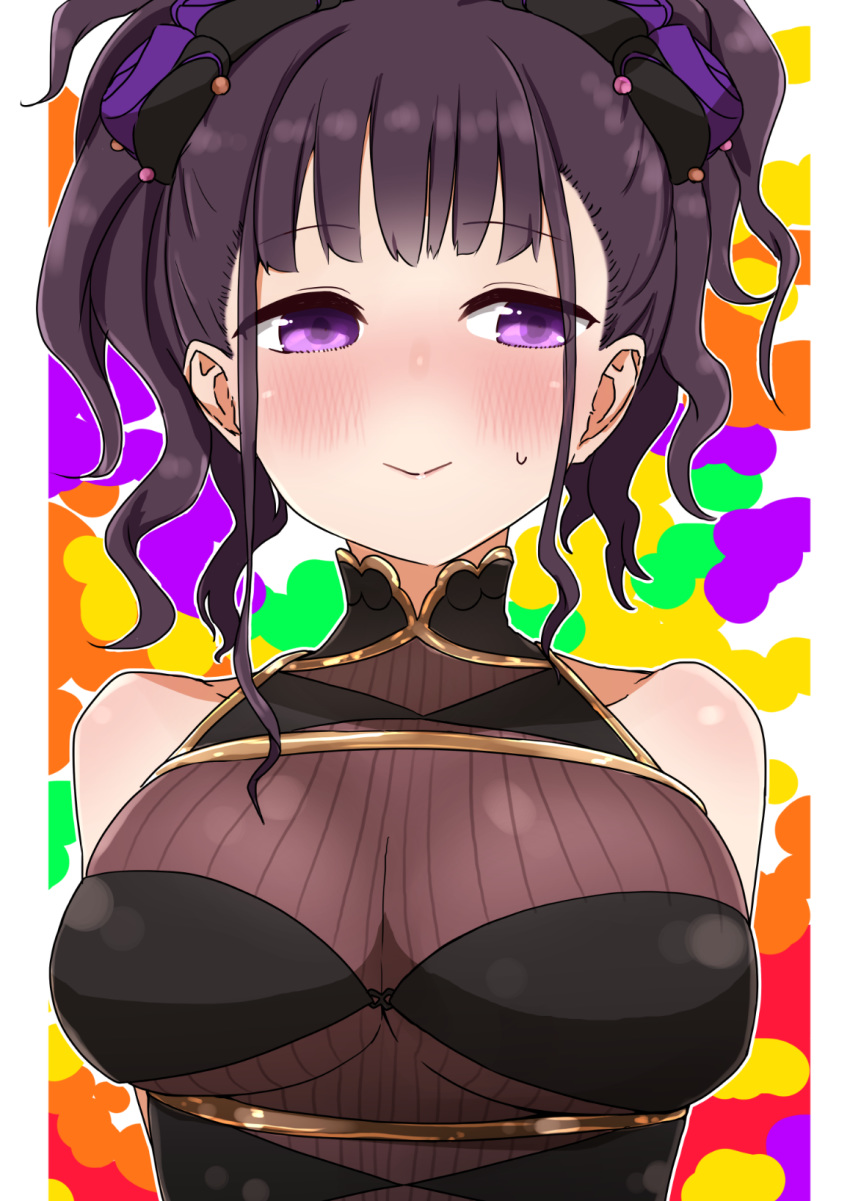 1girl arms_behind_back bangs bare_shoulders black_hair black_swimsuit blush breasts closed_mouth collarbone eyebrows_visible_through_hair fate/grand_order fate_(series) flower hair_flower hair_ornament highres i.u.y large_breasts looking_at_viewer murasaki_shikibu_(fate) murasaki_shikibu_(swimsuit_rider)_(fate) one-piece_swimsuit purple_flower purple_rose rose sidelocks smile solo sweat swimsuit upper_body violet_eyes