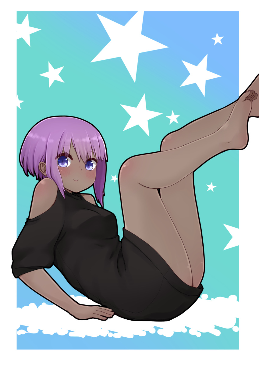 1girl ass bangs bare_legs bare_shoulders barefoot black_shirt blush breasts closed_mouth dark_skin eyebrows_visible_through_hair fate/prototype fate/prototype:_fragments_of_blue_and_silver fate_(series) from_side hassan_of_serenity_(fate) highres i.u.y leg_up looking_at_viewer looking_to_the_side puffy_short_sleeves puffy_sleeves purple_hair shirt short_sleeves shoulder_cutout small_breasts smile soles solo starry_background violet_eyes