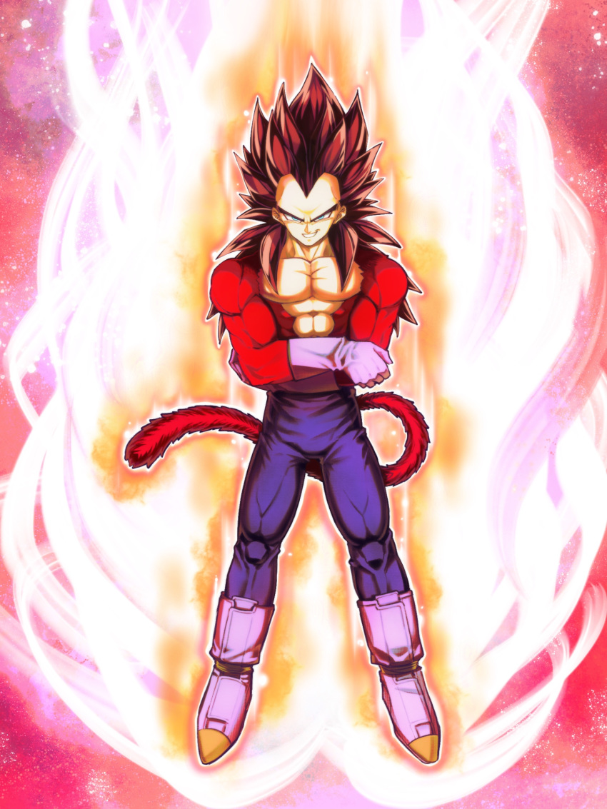 1boy black_hair blue_eyes crossed_arms dragon_ball dragon_ball_gt full_body fur gloves grin highres looking_at_viewer male_focus mattari_illust monkey_tail muscle pants smile solo spiky_hair super_saiyan super_saiyan_4 tail white_footwear white_gloves