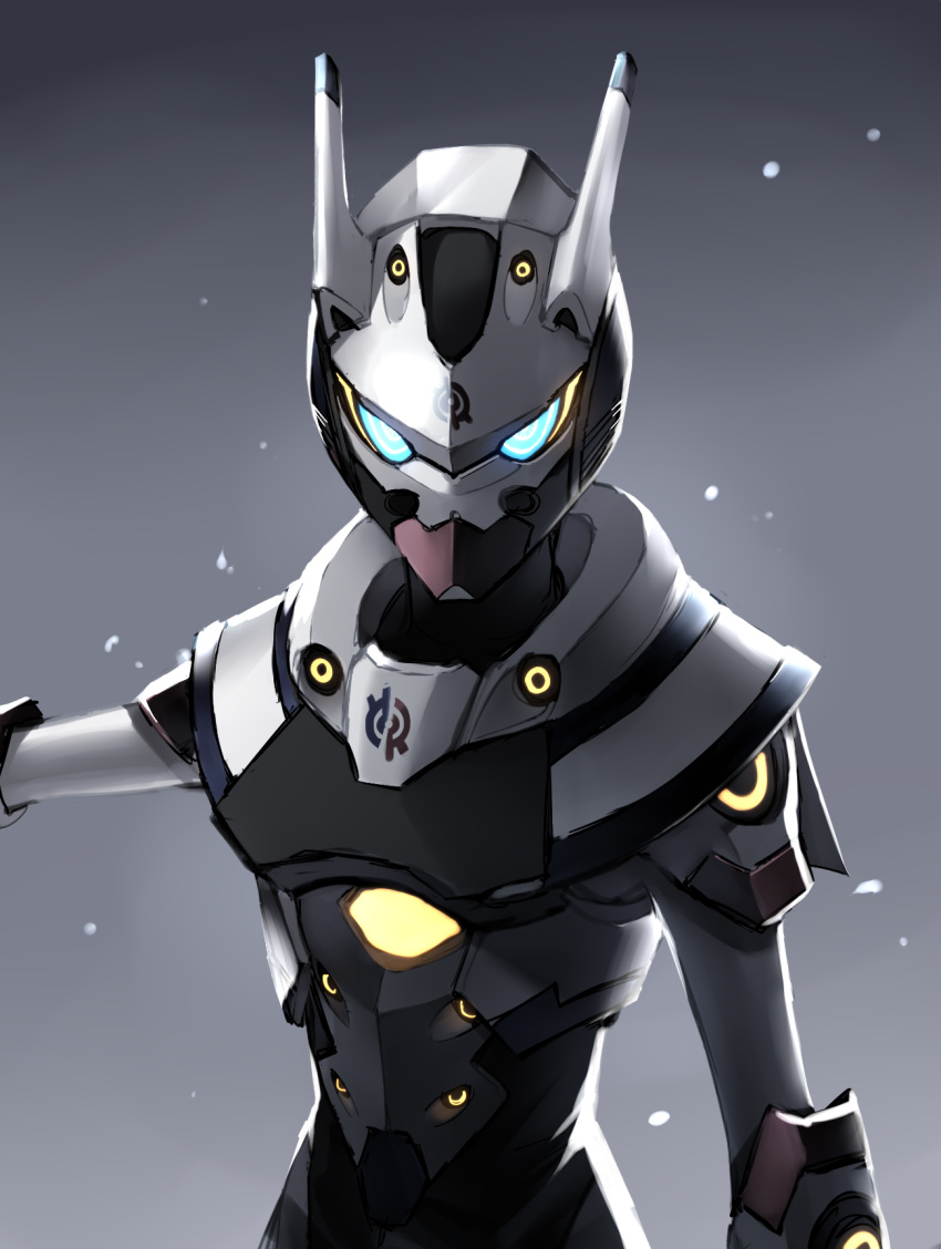 1girl blue_eyes close-up glowing glowing_eyes grey_background hero-san_to_moto_onna_kanbu-san highres looking_at_viewer outstretched_arm power_armor rapid_rabbit solo somechime_(sometime1209) tokusatsu