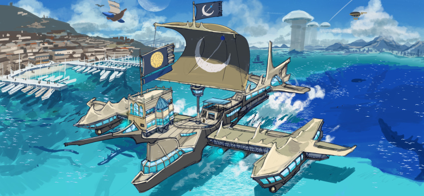 absurdres aircraft airship boat building day dock fantasy flag gelgeldeep highres no_humans outdoors pier pixiv_fantasia pixiv_fantasia_age_of_starlight scenery tower watercraft