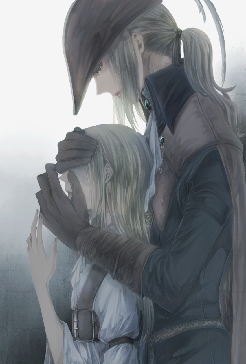 2girls blonde_hair bloodborne brown_cape brown_coat brown_gloves brown_headwear cape character_request chest_harness cloak coat commentary_request from_side gloves grabbing grabbing_from_behind hair_ribbon half-closed_eyes hand_on_another's_face hand_up hands_up harness hat highres iosefka itsuki_(itsukiovo) jewelry lady_maria_of_the_astral_clocktower long_hair multiple_girls ponytail ribbon size_difference sleeves_rolled_up standing tears tricorne upper_body white_cloak