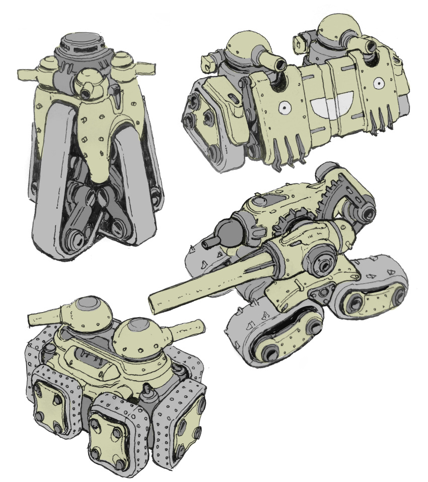 absurdres braydan_barrett english_commentary ground_vehicle gun highres military military_vehicle motor_vehicle multiple_views no_humans original parody tank turret vehicle_focus weapon what white_background