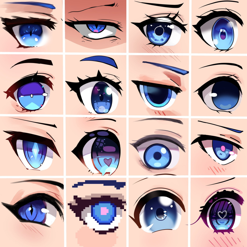 blue_eyes close-up dayshiart eyes heart heart-shaped_pupils highres looking_at_viewer looking_up multiple_style_parody multiple_views original pixel_art symbol-shaped_pupils v-shaped_eyebrows