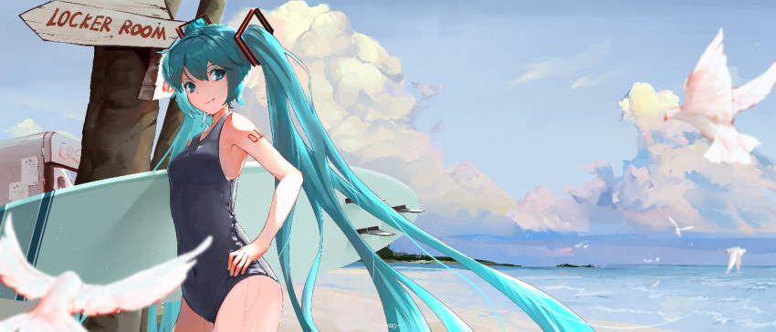 1girl aqua_eyes aqua_hair arm_tattoo bangs beach bird black_swimsuit blurry breasts c-ongc carrying_under_arm clouds commentary covered_navel cowboy_shot day depth_of_field from_side hair_ornament hand_up hatsune_miku holding holding_surfboard long_hair looking_at_viewer medium_breasts number ocean one-piece_swimsuit outdoors paper product_placement road_sign sign sky smile solo surfboard swimsuit tattoo tree twintails vending_machine very_long_hair vocaloid wet wet_hair