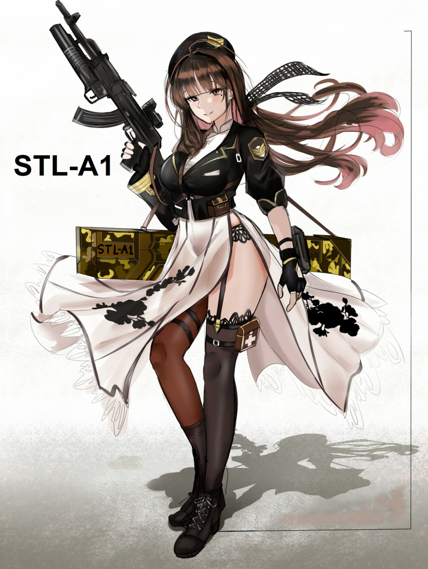 1girl asymmetrical_legwear beret black_footwear black_gloves black_jacket black_legwear breasts brown_eyes brown_hair brown_legwear character_name closed_mouth eyebrows_visible_through_hair girls_frontline gloves gun hat highres holding holding_weapon jacket long_hair looking_at_viewer medium_breasts military_hat military_jacket mole mole_under_eye open_eyes original partly_fingerless_gloves piukute062 rifle shirt shoes smile solo stl-a1 thighs weapon weapon_case white_background white_shirt