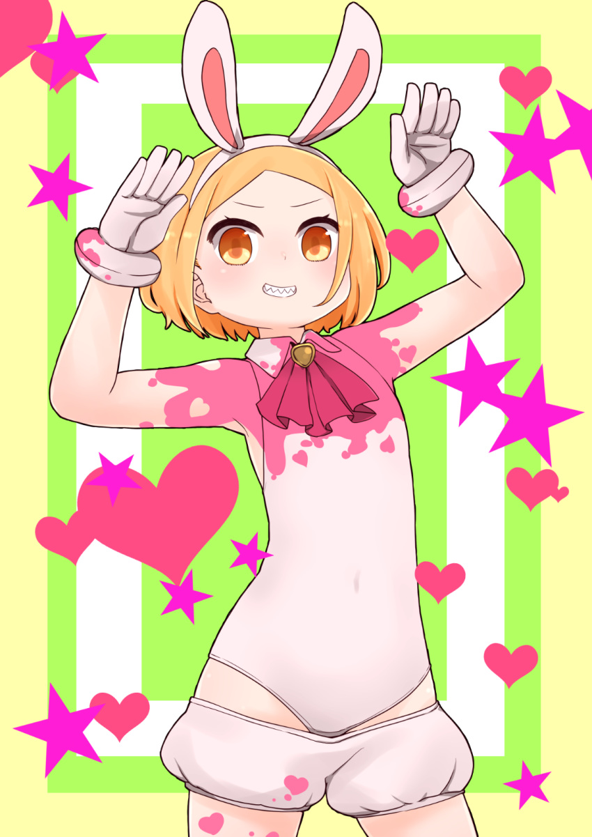 1girl animal_ears animal_print arms_up ascot bangs blonde_hair brown_eyes bunny_print collared_leotard covered_navel cowboy_shot fake_animal_ears fate/grand_order fate_(series) forehead gloves grin hairband heart highres i.u.y leotard looking_at_viewer parted_bangs paul_bunyan_(fate/grand_order) pink_neckwear puffy_shorts rabbit_ears sharp_teeth short_hair short_shorts shorts smile solo standing star_(symbol) teeth v-shaped_eyebrows white_gloves white_hairband white_leotard white_shorts