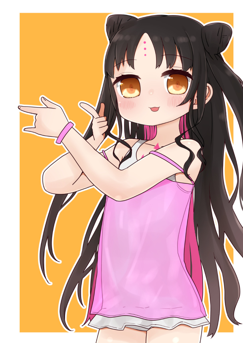 1girl \n/ bangs bare_arms bare_shoulders black_hair blush brown_eyes camisole casual_one-piece_swimsuit cowboy_shot double_bun eyebrows_visible_through_hair facial_mark fate/grand_order fate_(series) forehead_mark highres i.u.y long_hair looking_at_viewer multicolored_hair one-piece_swimsuit orange_background outline parted_bangs parted_lips pink_camisole pink_hair see-through sesshouin_kiara sesshouin_kiara_(lily) sesshouin_kiara_(swimsuit_mooncancer)_(fate) sidelocks smile solo standing strap_slip swimsuit two-tone_background two-tone_hair two_side_up very_long_hair white_background white_outline white_swimsuit