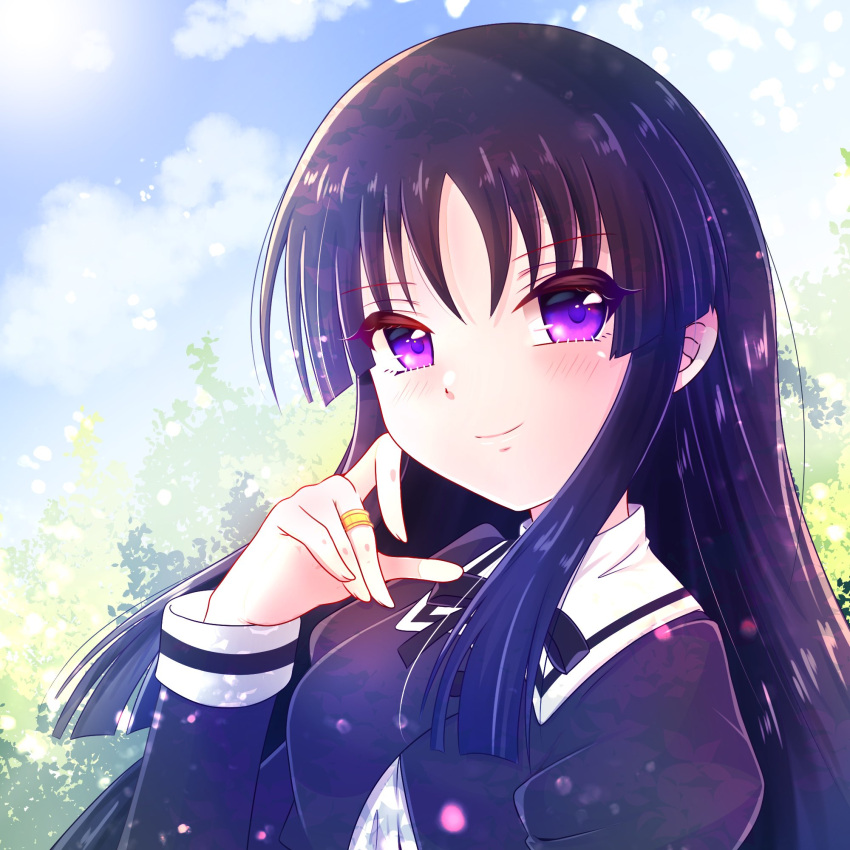 1girl anjou_seira arm_at_side assault_lily black_hair black_ribbon blue_sky blunt_ends blush breasts buttons closed_mouth clouds commentary cropped_jacket day finger_to_cheek hand_up highres jewelry juliet_sleeves light_particles long_hair long_sleeves looking_at_viewer medium_breasts neck_ribbon outdoors puffy_sleeves ribbon ring school_uniform shirai_yuyu shirt sky smile solo sunlight tree upper_body violet_eyes white_shirt yurigaoka_girls_academy_school_uniform