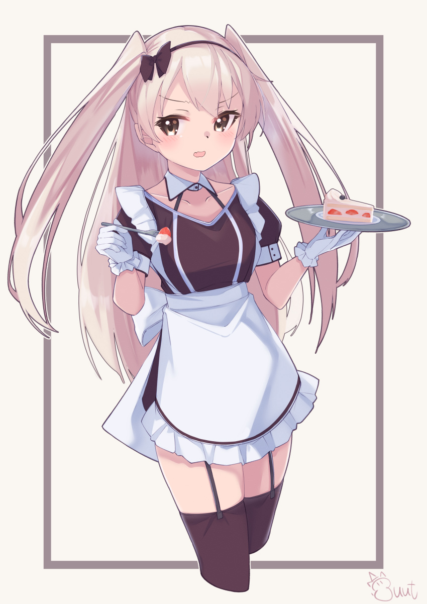 1girl absurdres alternate_costume amatsukaze_(kantai_collection) apron brown_dress brown_eyes cake cake_slice commentary_request cowboy_shot cropped_legs dress enmaided food fork frilled_apron frills garter_straps gloves highres kantai_collection long_hair looking_at_viewer maid silver_hair solo strawberry_shortcake tray two_side_up uut waist_apron waitress white_apron white_background white_gloves