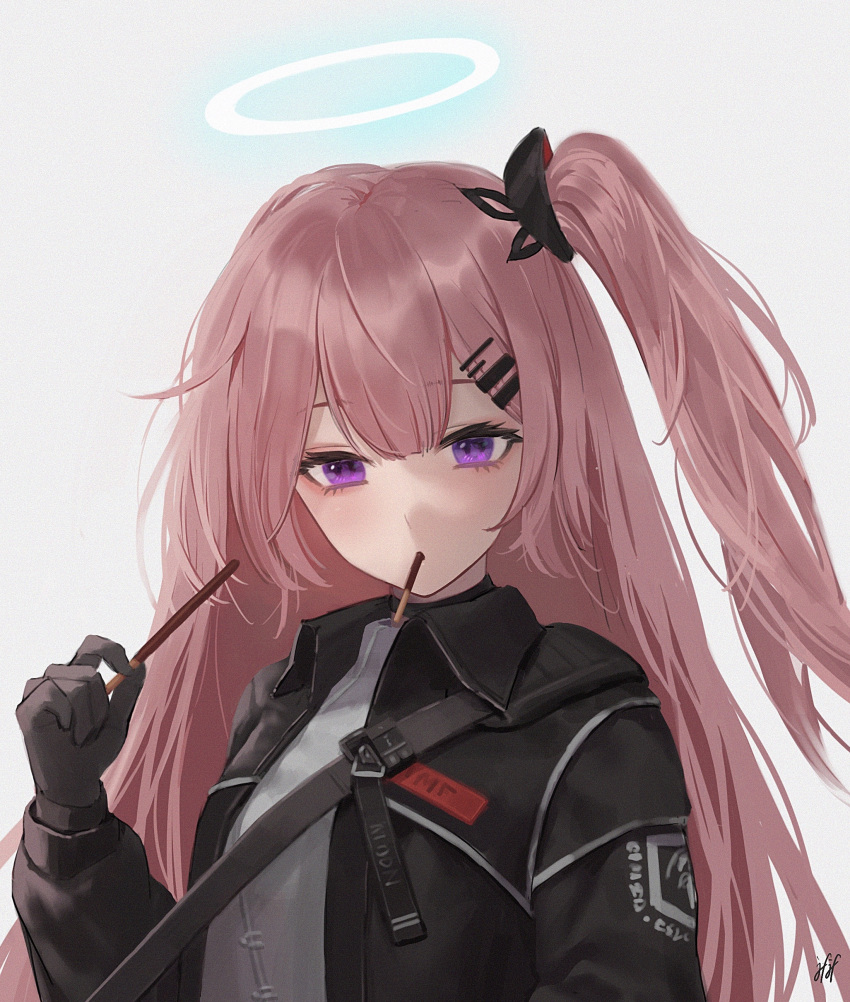 1girl absurdres ambriel_(arknights) arknights bangs black_gloves black_jacket commentary food food_in_mouth gloves grey_background grey_shirt hair_ornament hairclip halo hand_up highres holding holding_food jacket jfjf long_hair looking_at_viewer mouth_hold one_side_up open_clothes open_jacket pink_hair pocky shirt simple_background solo upper_body violet_eyes