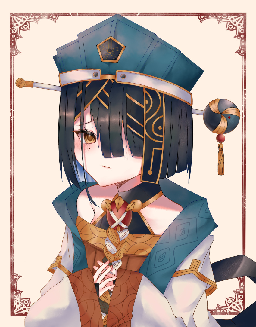 1girl absurdres black_gloves black_hair blue_headwear blush breasts chinese_clothes consort_yu_(fate) fate/grand_order fate_(series) fingerless_gloves gem gloves hair_between_eyes hair_ornament hair_over_one_eye hair_stick highres long_sleeves looking_at_viewer medium_hair mole mole_under_eye simple_background small_breasts solo straight_hair takemochi tassel upper_body white_background wide_sleeves xu_fu_(fate)