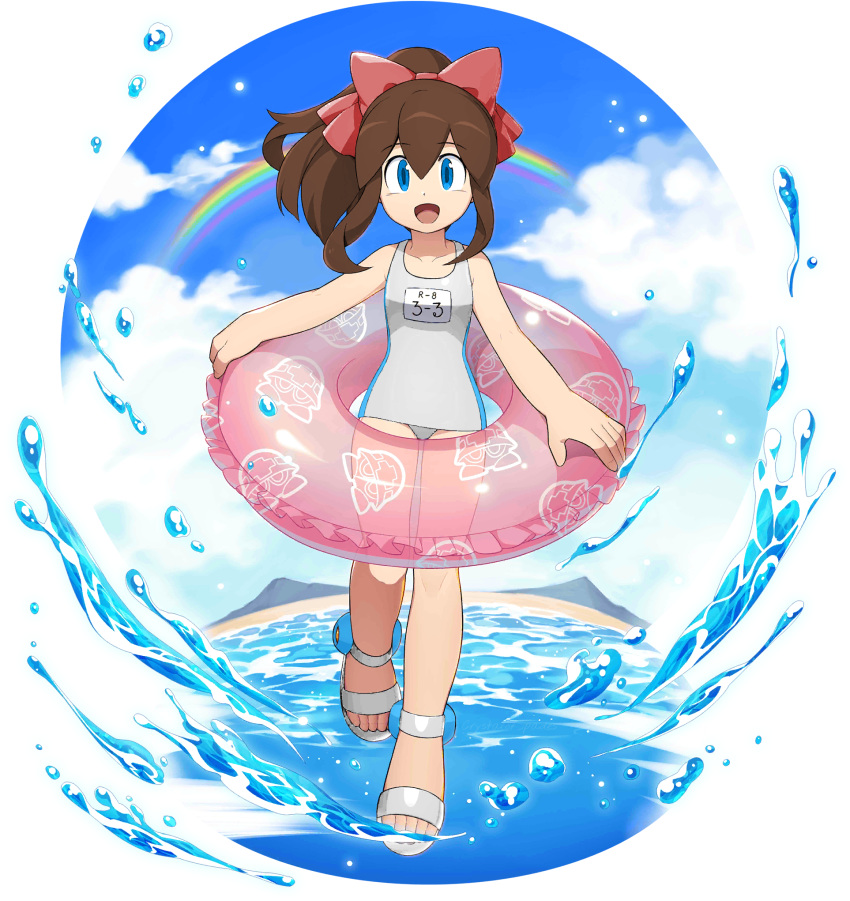 1girl android blue_eyes blue_sky bow brown_hair clouds facing_viewer full_body hair_bow highres holding holding_innertube innertube long_hair looking_at_viewer mizuno_keisuke official_art open_mouth ponytail rainbow rockman rockman_(classic) rockman_x_dive roll_(rockman) school_swimsuit sky smile solo summer swimsuit transparent_background water