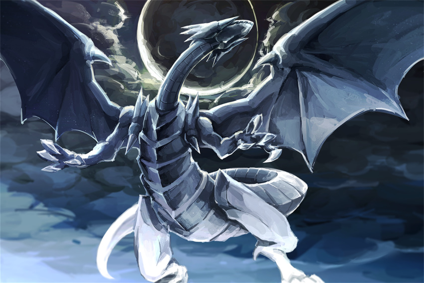 blue-eyes_white_dragon claws clouds cloudy_sky commentary dragon duel_monster labombardier! moon no_humans sky tail wings yuu-gi-ou