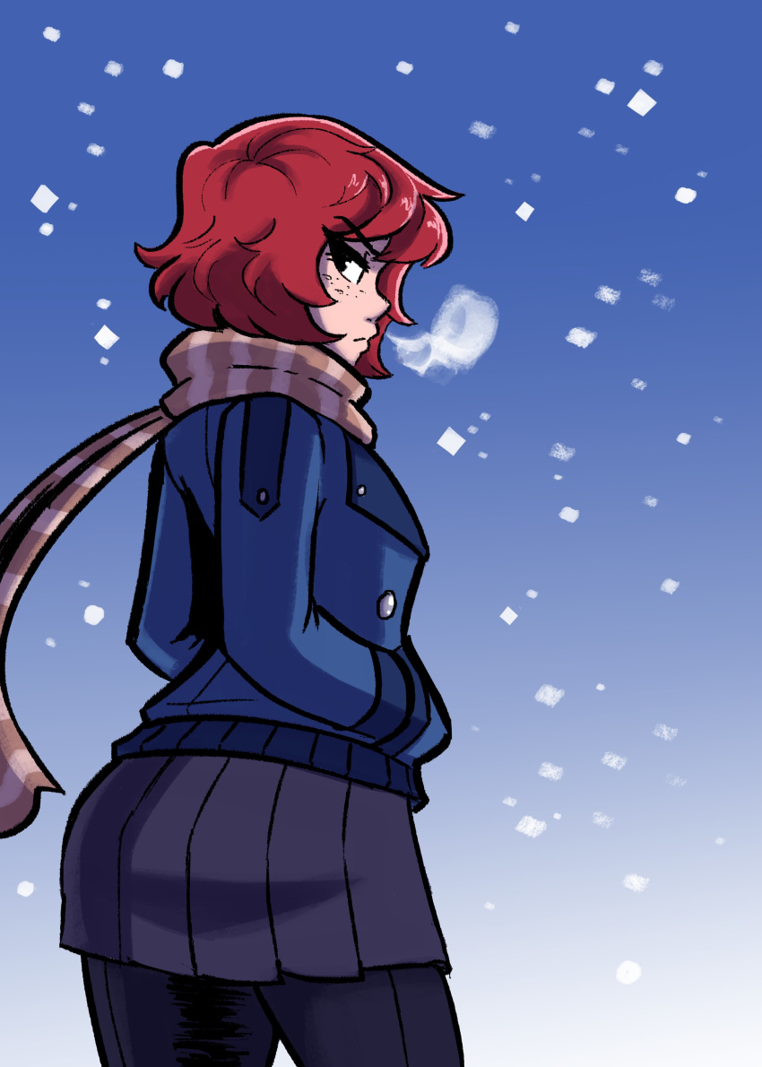 1girl absurdres back_turned black_eyes breasts brown_hair coat freckles hand_in_pocket highres jacket kim_pine looking_at_viewer looking_back orange_hair pants pants_under_skirt pantyhose redhead scarf scott_pilgrim scruffyturtles short_hair skirt_over_leggings small_breasts snowing solo winter winter_clothes winter_coat