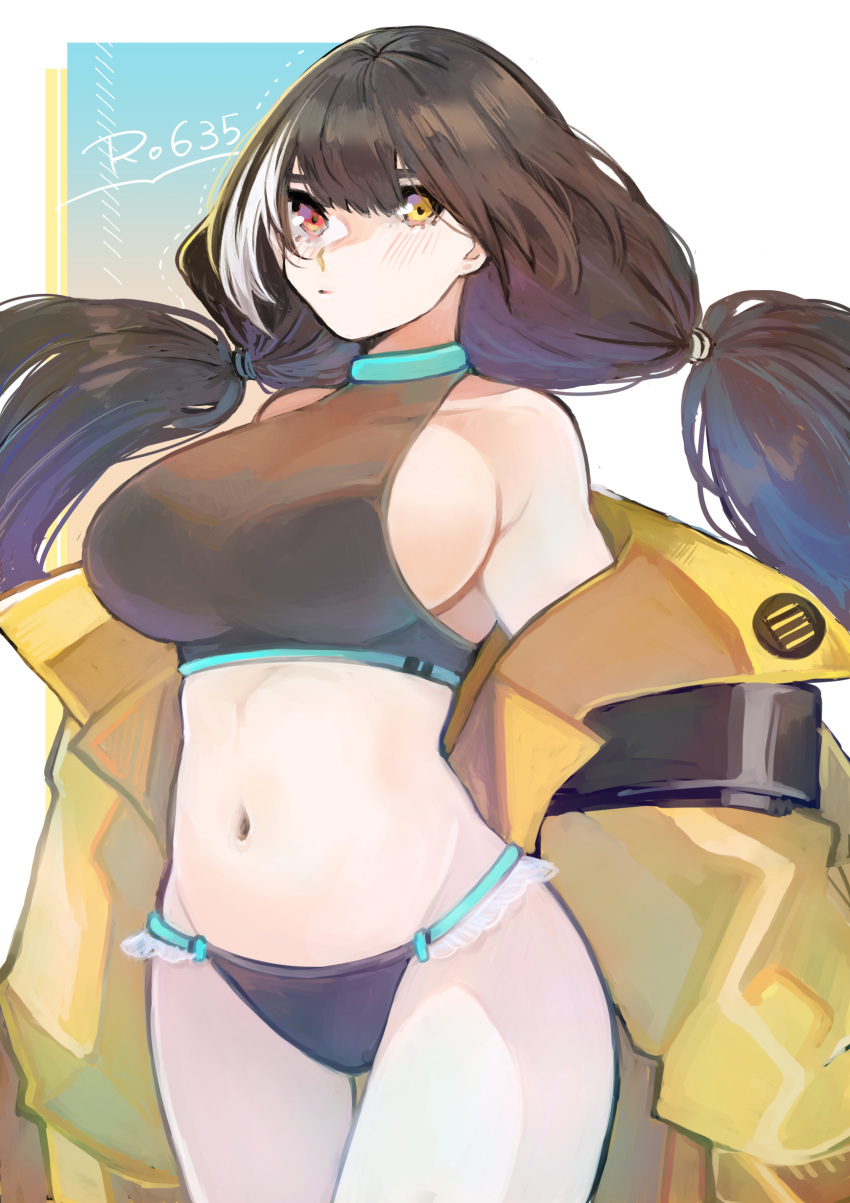 1girl aaoshigatoutoi absurdres bare_shoulders black_hair blush breasts coat collarbone crop_top girls_frontline groin heterochromia highlights highres large_breasts long_hair multicolored_hair navel off-shoulder_coat off_shoulder red_eyes ro635_(girls_frontline) sideboob solo very_long_hair white_hair yellow_eyes